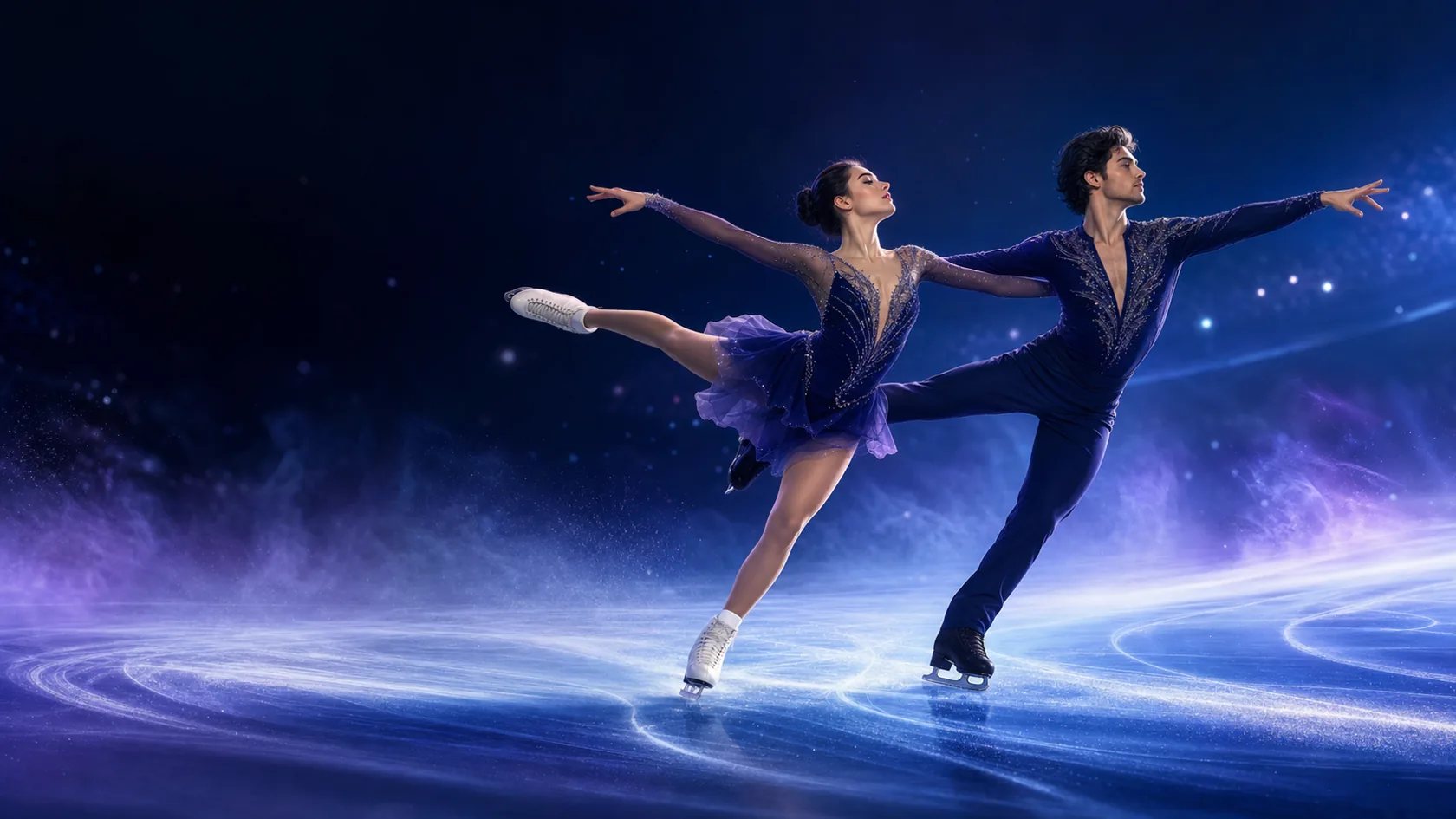 Fictional adult figure skating duo performing a synchronized spiral on blue ice